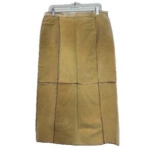 Vintage 90s Womens XL Tan Suede Leather Maxi Skirt Crochet Detail Boho Festival